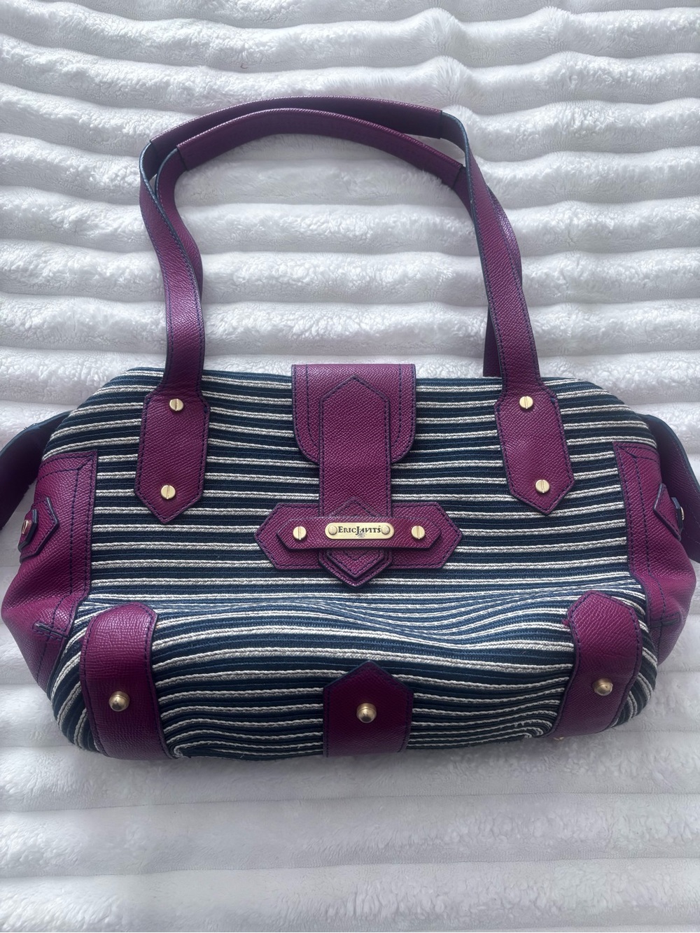 Eric Javits Navy and Plum Striped Shoulder Bag